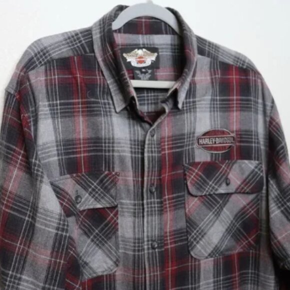 Harley Davidson Embroidered Flannel Long Sleeve Button Up Shirt MENS XL Gray Red - Picture 2 of 5